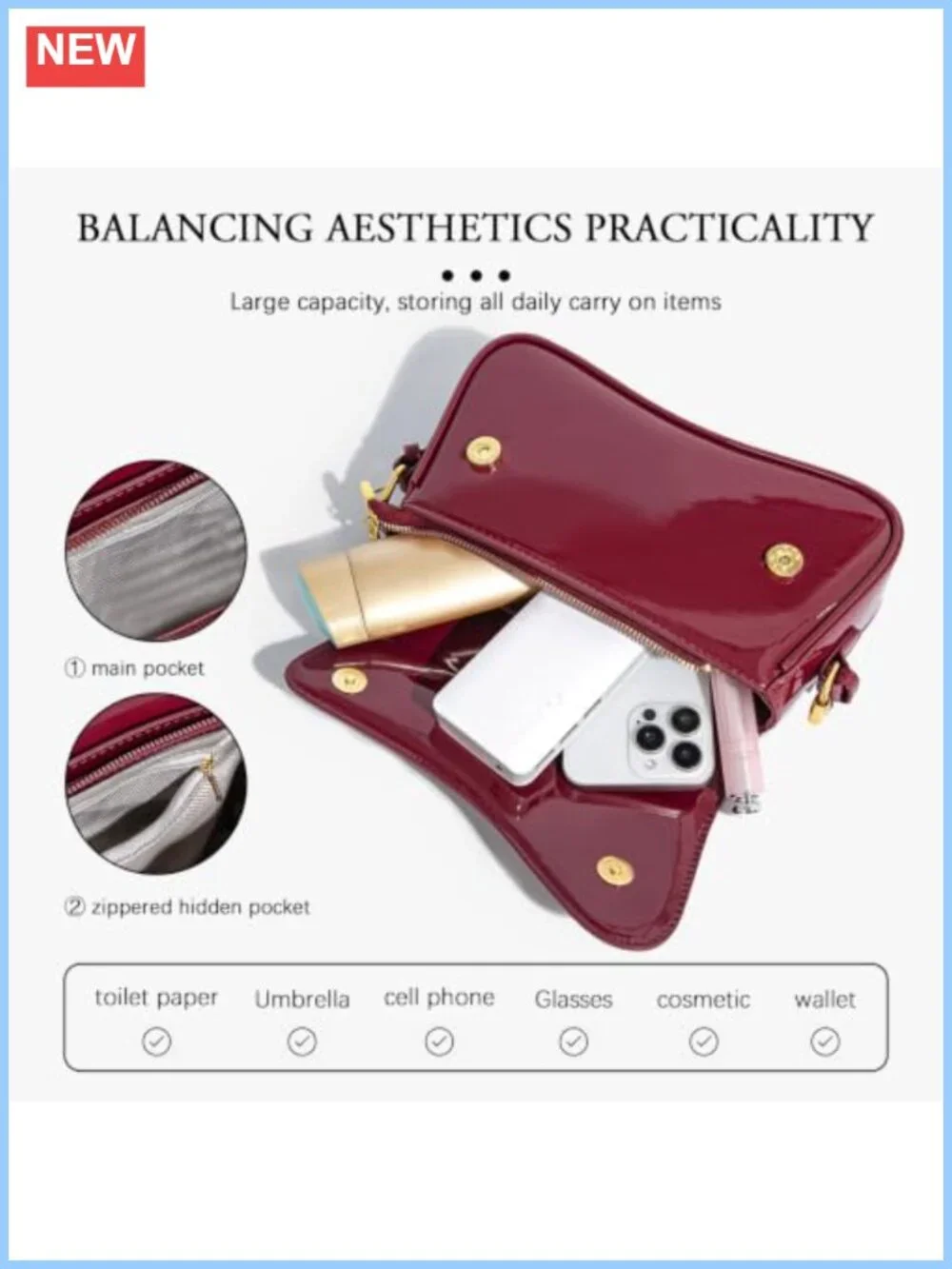 Hobo Shoulder Bag with Cherry Pendant PU Leather 3-Way Crossbody Purse